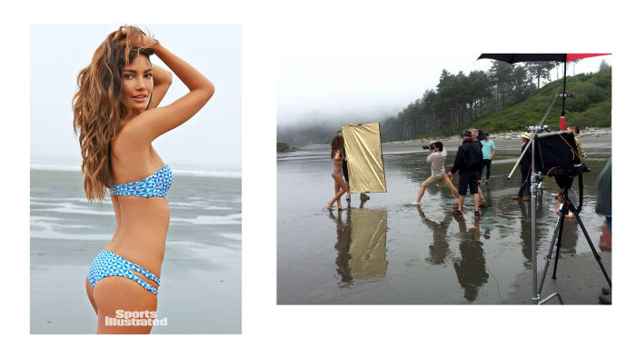 Left: Lily Aldridge photographed in 2015 in Washington by Yu Tai. Right: Behind the scenes from the 2015 photo shoot.